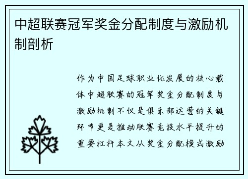 中超联赛冠军奖金分配制度与激励机制剖析