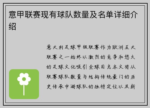 意甲联赛现有球队数量及名单详细介绍
